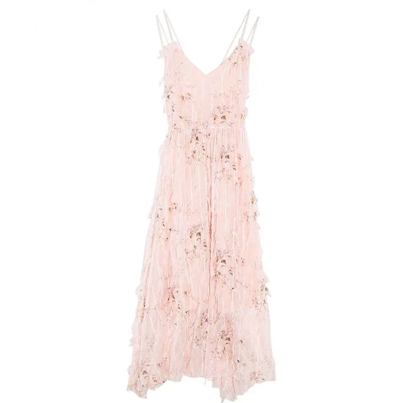 

2019 Summer Beach Maxi Dress Women Pink Floral Print Long Chiffon Dress Sexy Backless V-Neck Party Dress Robe Femme