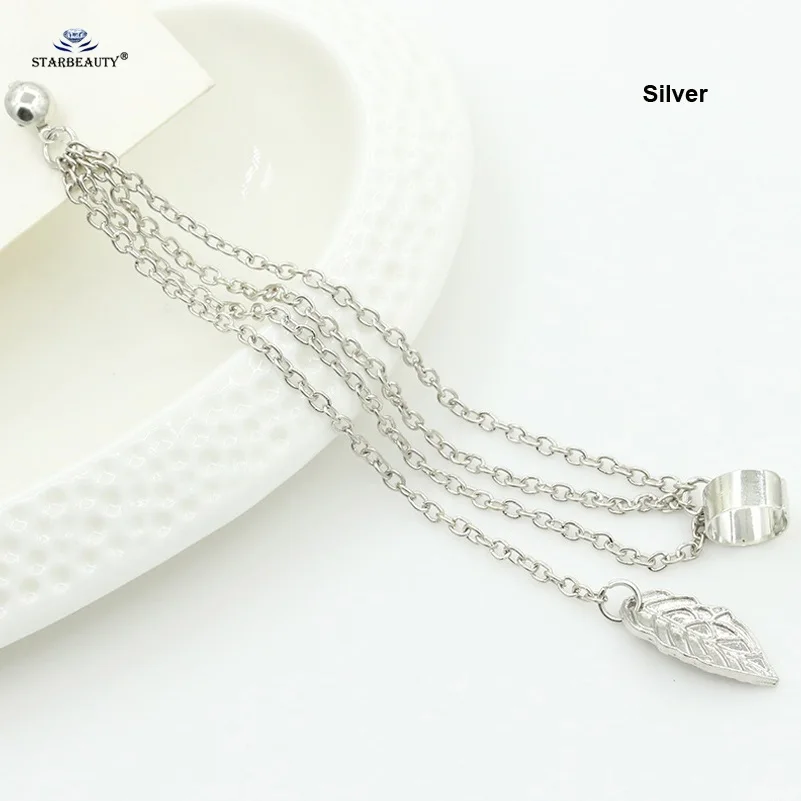 Silver Starbeauty, длинные серьги с кисточками для женщин, зажим в виде листа, сплав, поддельный пирсинг спираль, пирсинг для ушей, Oreja, поддельные серьги, манжета - Окраска металла: Silver