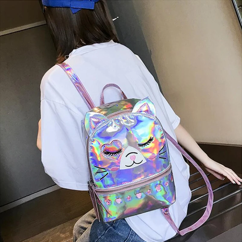 Yogodlns Милая кошка Mochila Mujer лазерный голографический рюкзак женский маленький мини рюкзак для девочек Школьный Рюкзак PU дорожные сумки