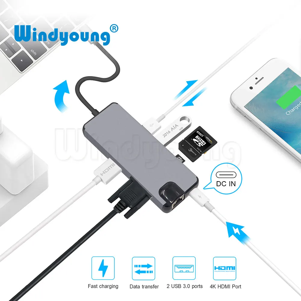 8 в 1 кабель Переходник USB C на HDMI концентратор 4 K видео RJ45 Gigabit Ethernet адаптер VGA SD TF Card