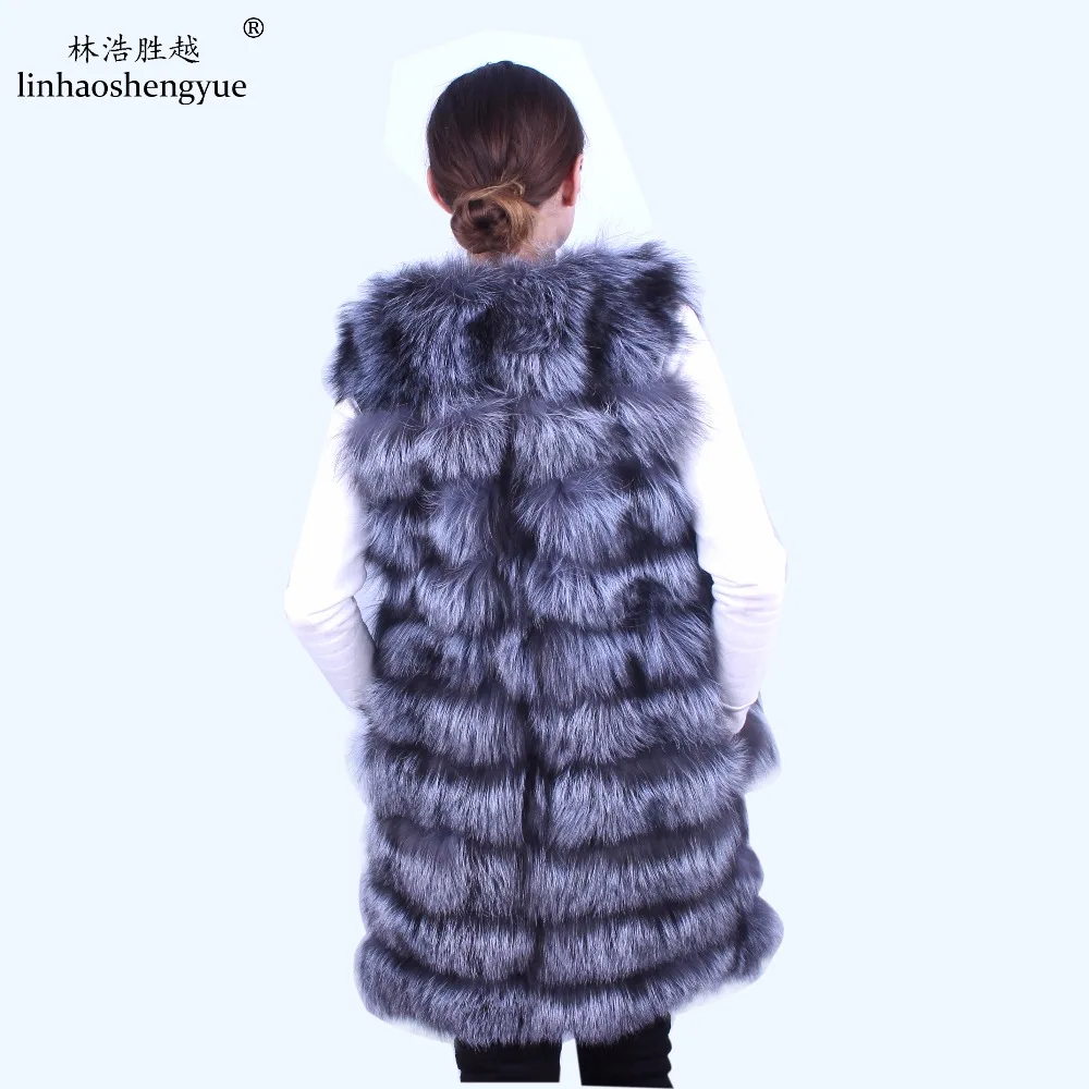 Linhaoshengyue  Women Silver Fox Fur Vest  Long Vest Real Silver Fox Fur