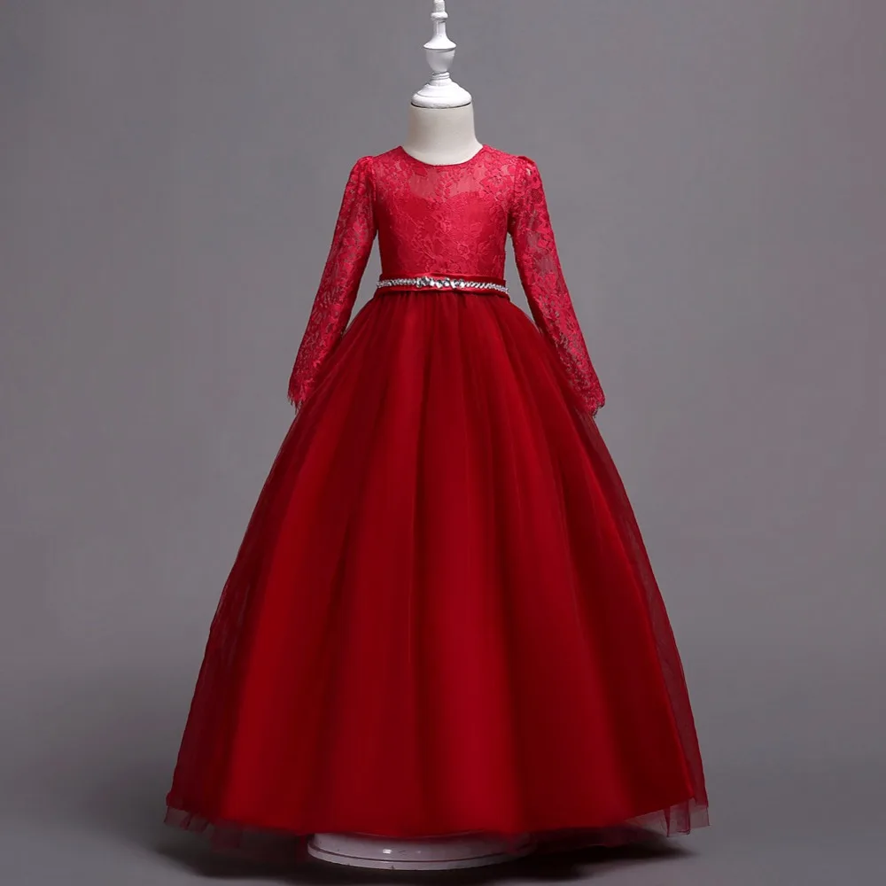 Summer baby girl fashion dress long sleeve lace diamond waistband walk show party clothes for kids Princess | Детская одежда и
