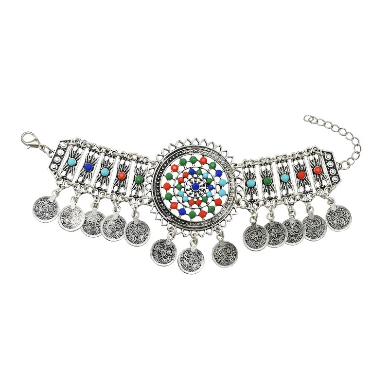 Silver Metal Цыганские Красочные Стразы, Цветочные браслеты и браслеты, голубой камень, монета, танец, браслет на руку, индийский, турецкий, племенной, летние ювелирные изделия - Окраска металла: Silver Metal