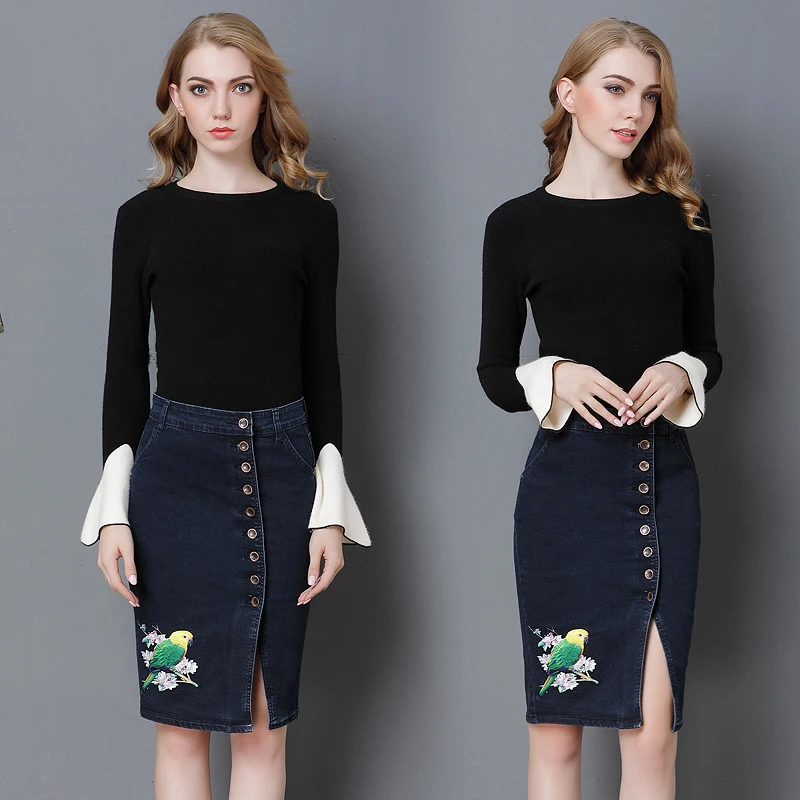 DTYNZ Big size women's clothes high waist embroidery one row buckle elastic denim cotton pencil skirt.Sexy fashion skirt. | Женская