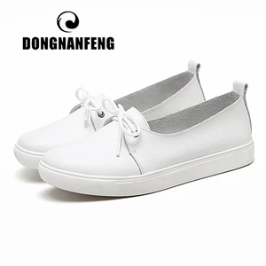 Женские белые туфли DONGNANFENG, из натуральной кожи, на плоской платформе, со шнуровкой, Корейская Повседневная Вулканизированная обувь, FEZ-173