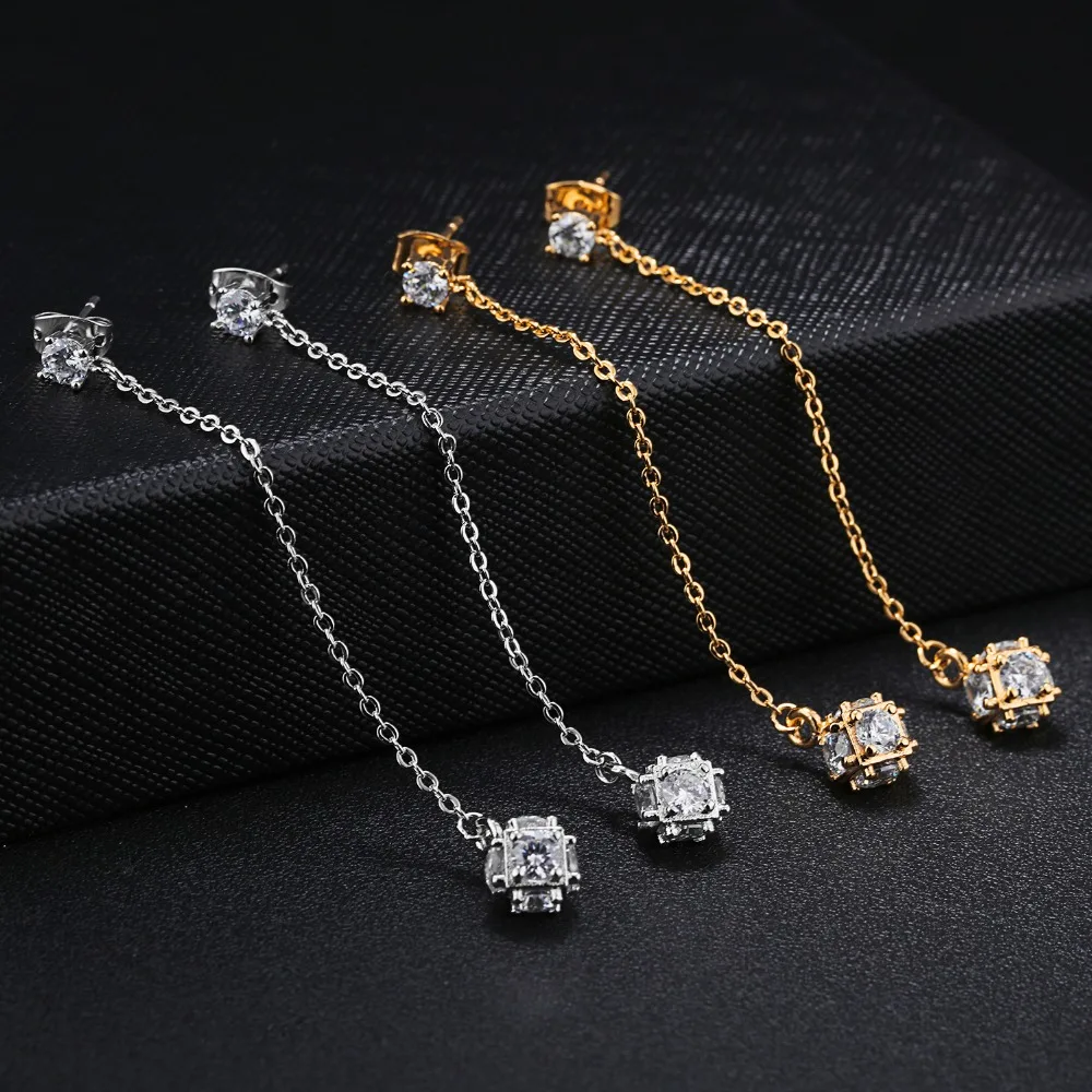 Nanbo с позолотой Шарм длинные висячие серьги камнями простой падение Cube Crystal