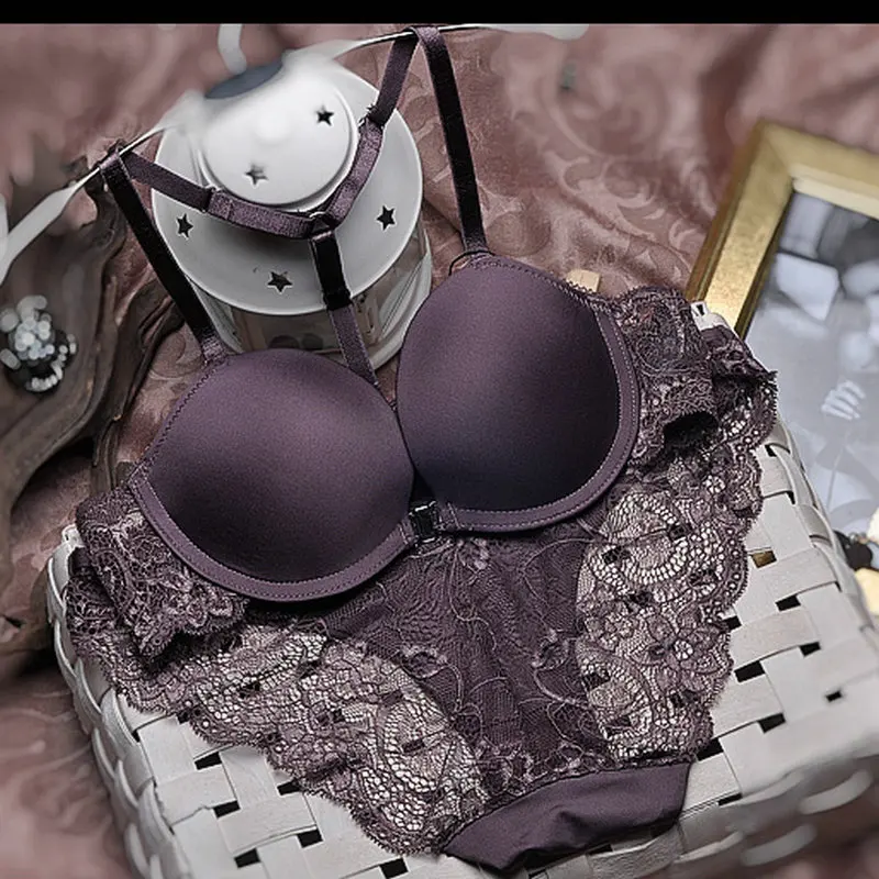 Dark Purple Для женщин Сексуальная Вышивка Кружева тонкий бюстгальтер комплекты застежка спереди с открытой спиной кружева ремни прозрачный бюстгальтер и трусы - Цвет: Dark Purple