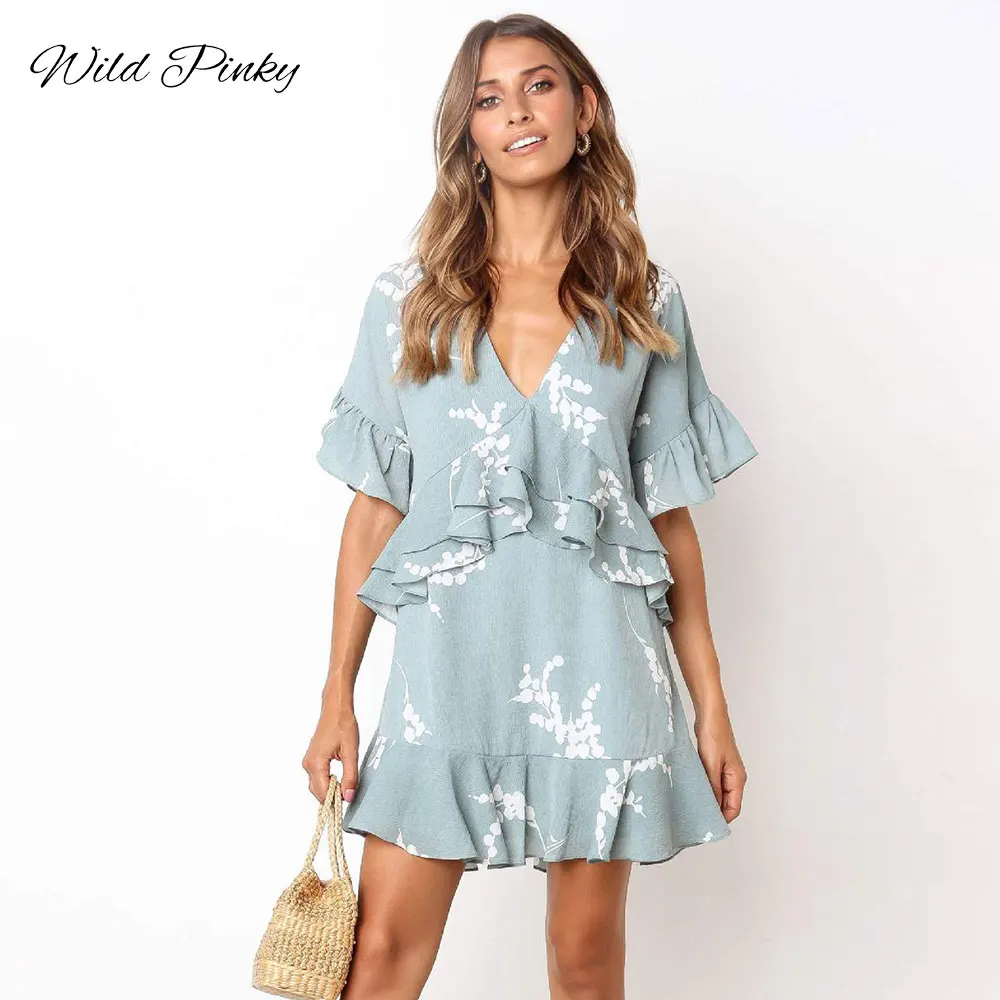WildPinky Boho Элегантный принт оборками женское платье короткий рукав свободные