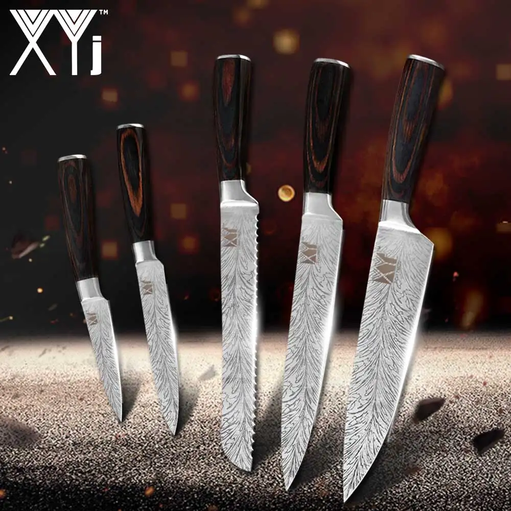 5-piece XYj, высокое качество, нож шеф-повара, имитация дамасской стали, кухонный нож Santoku, острый нож, нож для нарезки столовых приборов, faca cozinha - Цвет: 5-piece