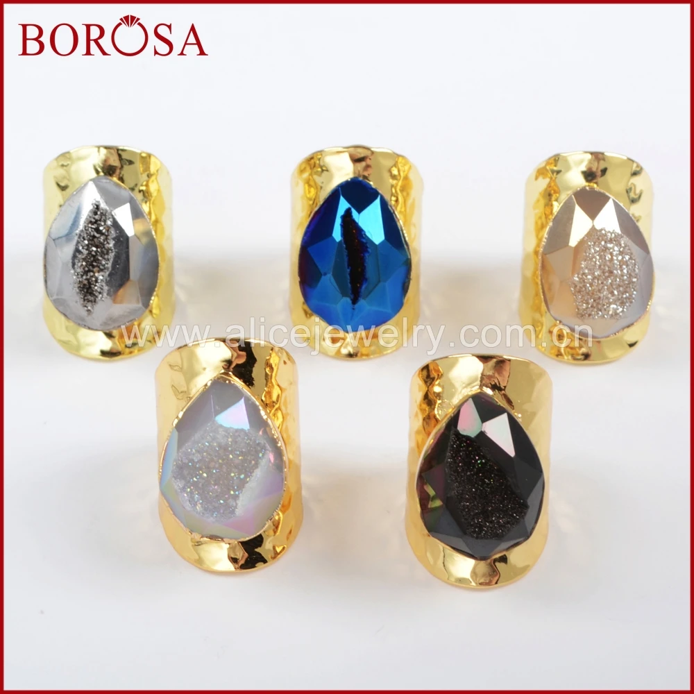 BOROSA Teardrop Drusy Gems Rings for Women Fashion Rainbow Titanium Druzy Faceted Gold Band Party Jewelry G1430 | Украшения и