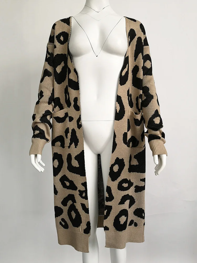 Autumn winter 2018 women Sexy V neck casual sweater cardigan female Knit Leopard print long pull femme cardigans |