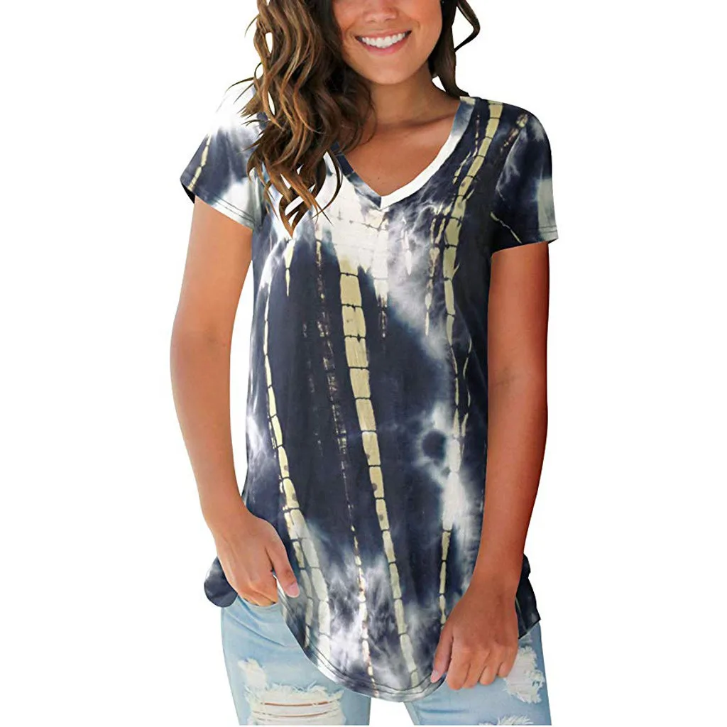 Womail женские топы Tie Dye с v-образным вырезом, Летняя Повседневная рубашка с коротким рукавом, винтажная рубашка с коротким рукавом и v-образным вырезом размера плюс, блузка 710#3