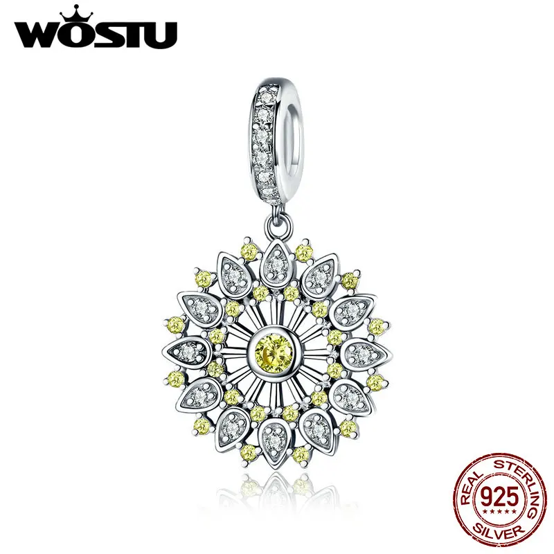 WOSTU роскошный 925 пробы Серебряный геометрический Шарм Желтый CZ бисер Подходит для оригинального браслета кулон для женщин 925 ювелирное изделие подарок FNC065