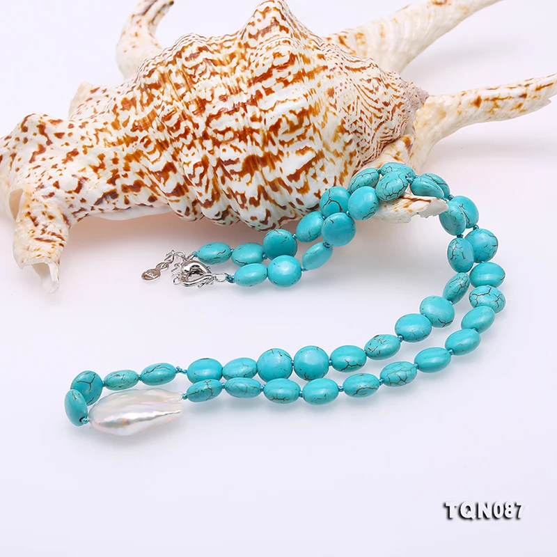 

JYX Ping style Turquoise Necklace 10mm Blue Turquoise Beads dotted a White baroque Irregular 20*26mm Pearl Pendant 19.5"