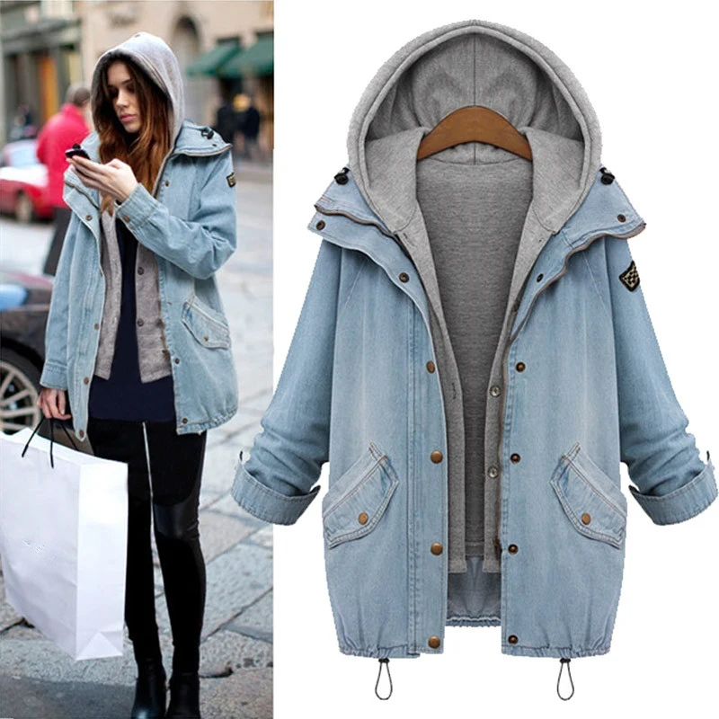 SHIBEVER Для женщин джинсовая куртка пальто Veste Femme из двух частей куртки осень-зима