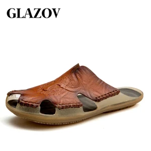 Мужские Пляжные шлепанцы Глазова, натуральная кожа, Повседневные тапочки, большие размеры 38-46, лето 2019