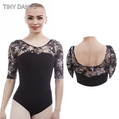 leotard Черное хлопковое балетное трико средней длины с рукавами+ длинные кружевные юбки, балетный/Лирический танцевальный костюм, DF020+ 021 - Цвет: leotard