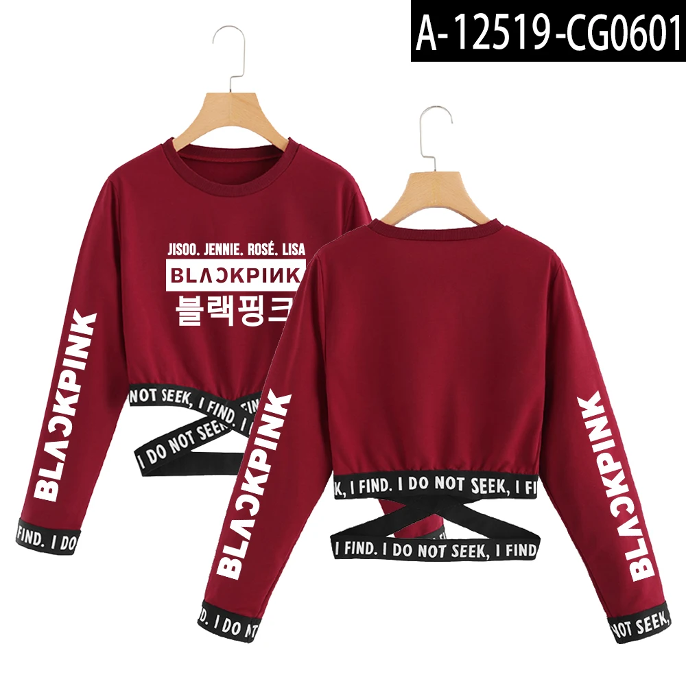 Red Черная розовая укороченная Женская толстовка с круглым вырезом Kpop, толстовка с длинным рукавом,, Повседневная Уличная одежда, размеры от S до 2XL - Цвет: Red