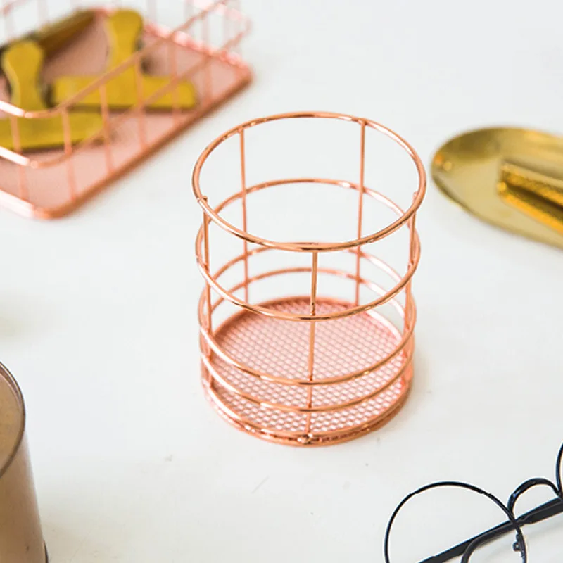 rose gold-round Новинка, розовая золотая металлическая ручка, держатель, скандинавские многофункциональные кованые карандаши, подставка для карандашей, чехол, стол, канцелярские принадлежности, Декор, чашка - Цвет: rose gold-round