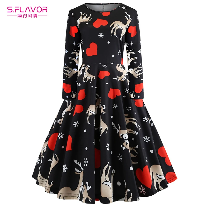 S.FLAVOR 2018 New Fashion Women Vintage Christmas Dress Printed Floral Kawaii O-neck Long Sleeve Slim Party Dresses | Женская одежда