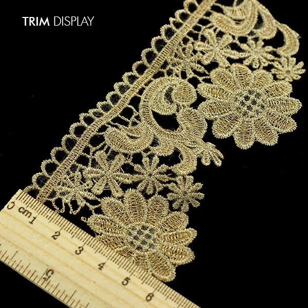 

Gold Metallic Embroidered Flower Scrapbooking African Lace Ribbon Fabric Motif Wedding Trim Embossed Applique Sewing 10yd/T964