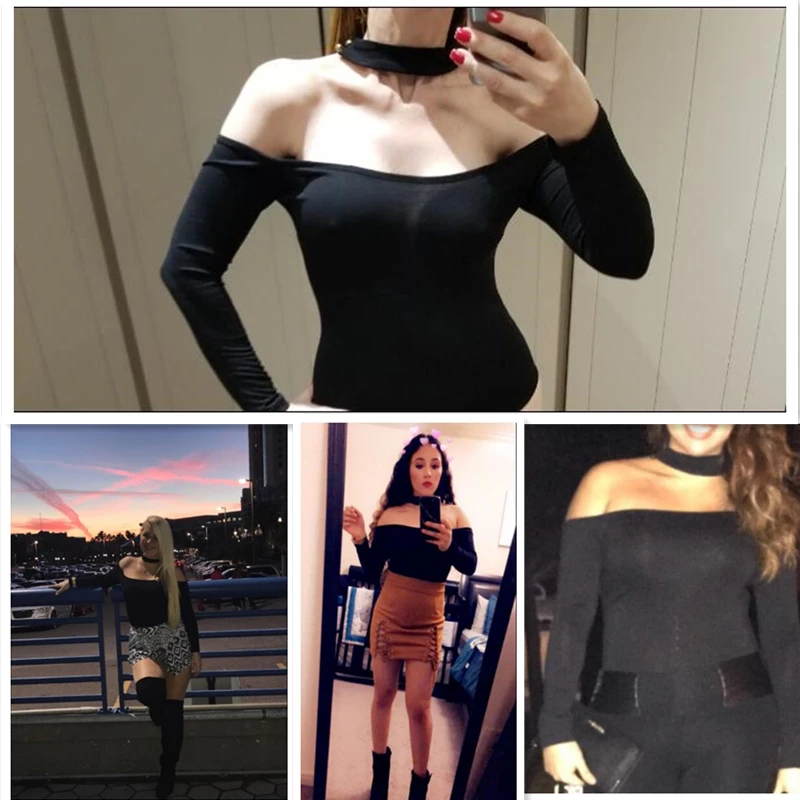 

Liva Girl Black Choker Long Sleeve Bodysuit Woman Sexy Off Shoulder Spring Bodycon Jumpsuits White Rompers Club Body Tops Femme