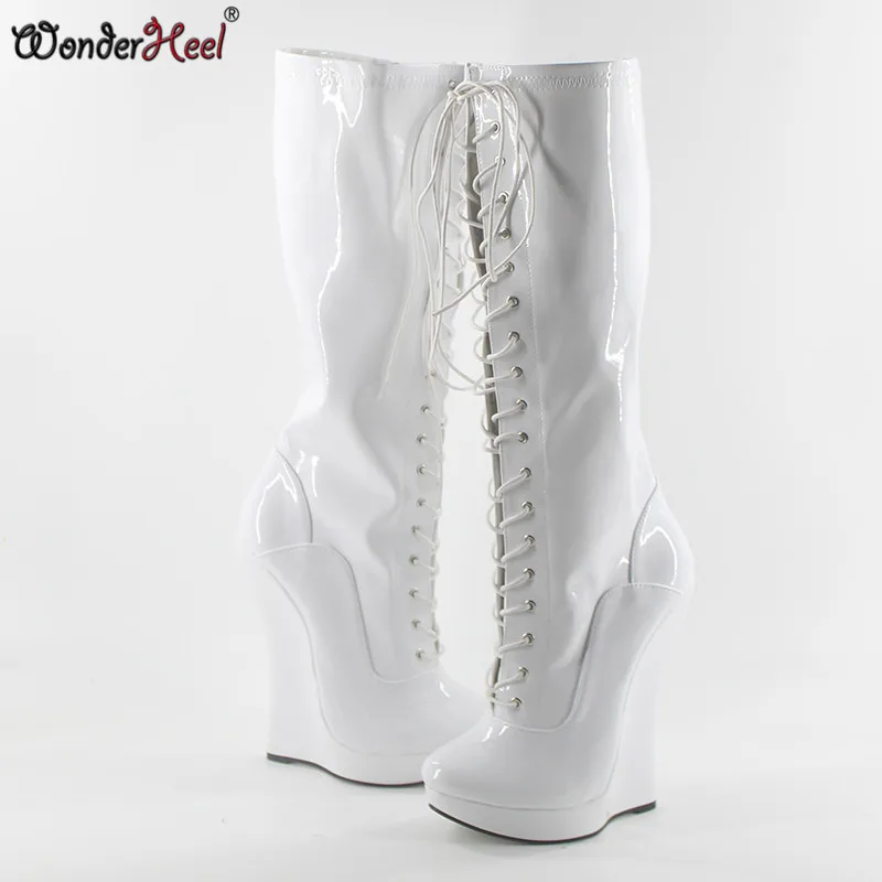 Wonderheel/Популярные лакированные белые сапоги до колена на очень высоком каблуке ", на танкетке 3 см, на платформе пикантные модные женские сапоги
