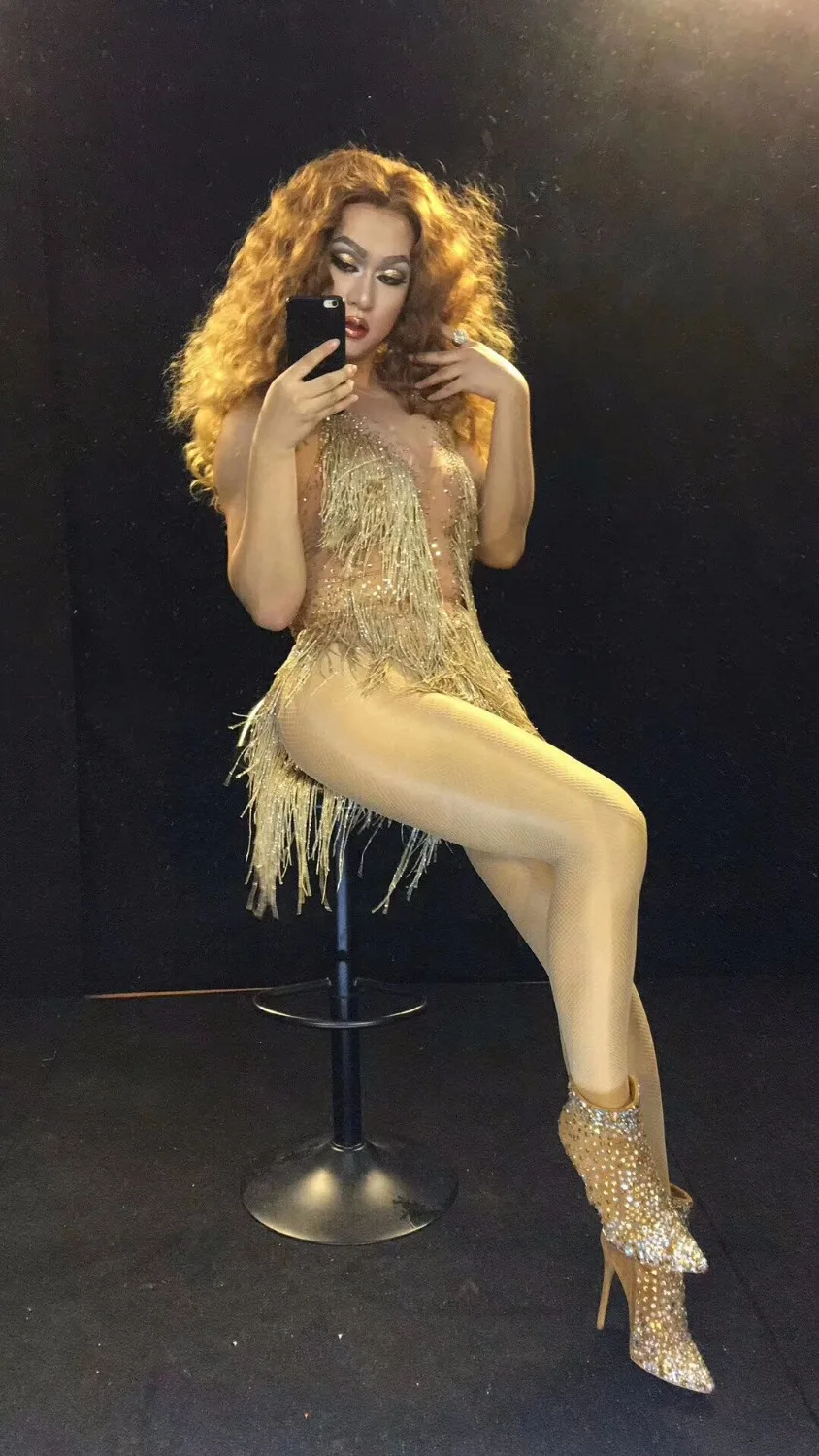 Sexy Sparkly Gold Tassel Bodysuit Rhinestones Outfit Glisten Beads Costume One-piece Dance Wear Singer Stage Leotard Bodysuit
