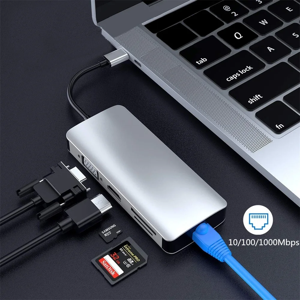 Usb type c концентратор Thunderbolt 3 usb 1 к HDMI 4K VGA 1080p конвертер с usb3.0 RJ45 100 гигабитный Ethernet