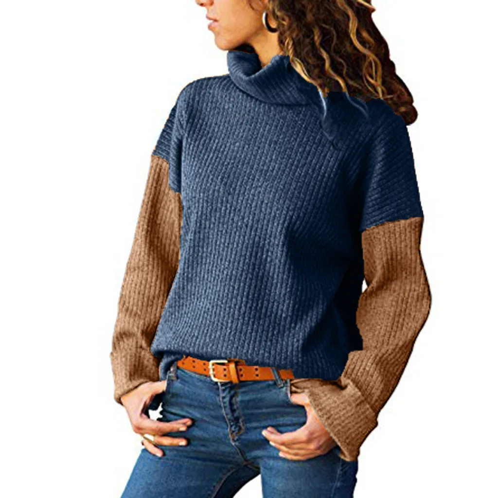 JAYCOSIN 2019 Women's sweater knitted turtleneck Color Matching Long-Sleeved Slim Sweater female Pullover Women hot sale | Женская