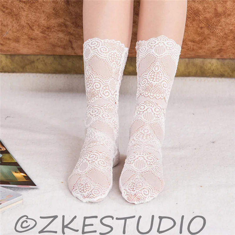 Женские кружевные носки SocksTransparent сексуальные черно белые открытые с цветочным