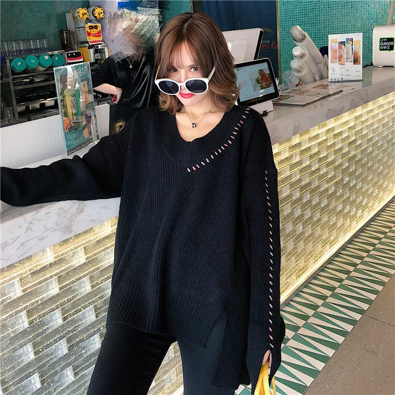Alpaca V-Neck Lace Up Sweaters Fashion 2018 Women Plus Size Loose Clothing Knit Sweater Womens Pullover Long Sleeve | Женская одежда