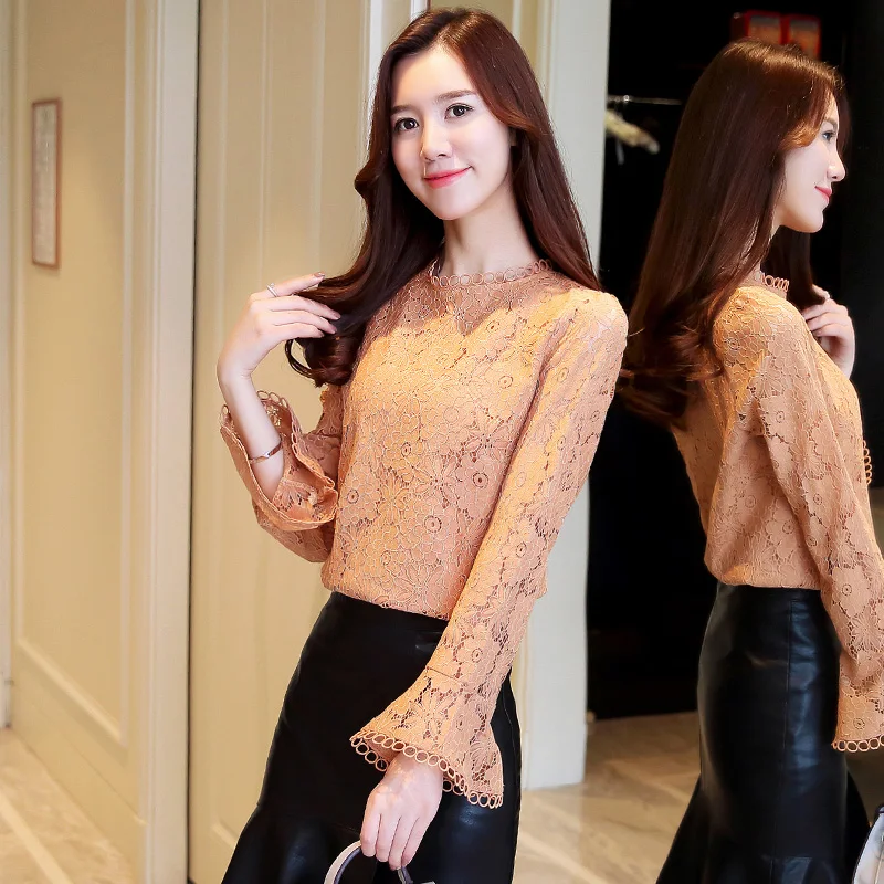 New Fashion Woman Blouses 2018 Lace Long Sleeve Women Tops Solid Simply O Neck Shirt Sweet Floral Feminine Blusas 0702 30 |
