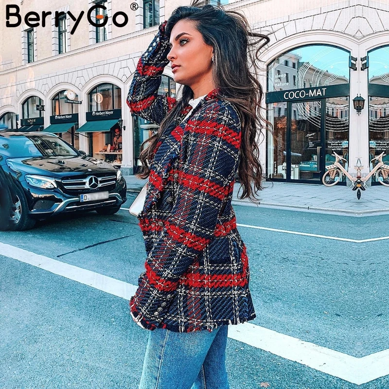 BerryGo твидовый в клетку шерстяной Блейзер Женский отложной воротник с кисточками