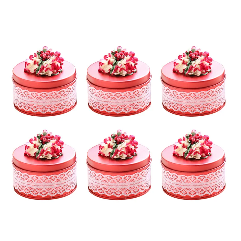 

6pcs Lace Decor Storage Box Wedding Candy Boxes Round Metal Flower Design Candy Gift Box Tin for Party Supplies
