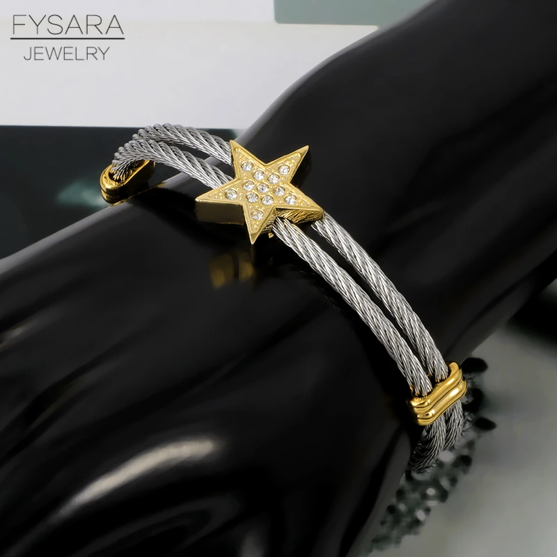 Браслет манжета FYSARA с фианитами и кристаллами в форме звезды двойной трос