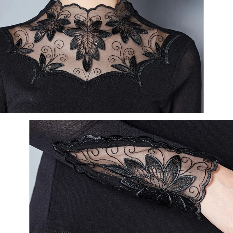 Футболка женская черная кружевная с длинным рукавом весна 2019 | Женская одежда