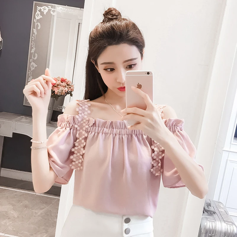 Корейская версия небольшой свежий голое плечо блузки MS темперамент сладкий