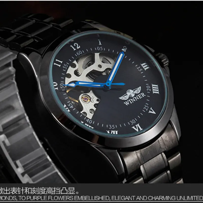 Мужские наручные часы WINNER черные Автоматические механические с римским