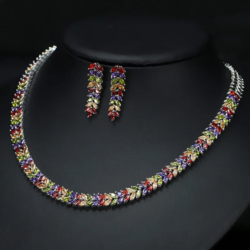 CWWZircons Marquise Cut красочные кубические камни циркония свадебный круглый чокер ожерелье серьги набор для женщин Свадебные ювелирные изделия T074