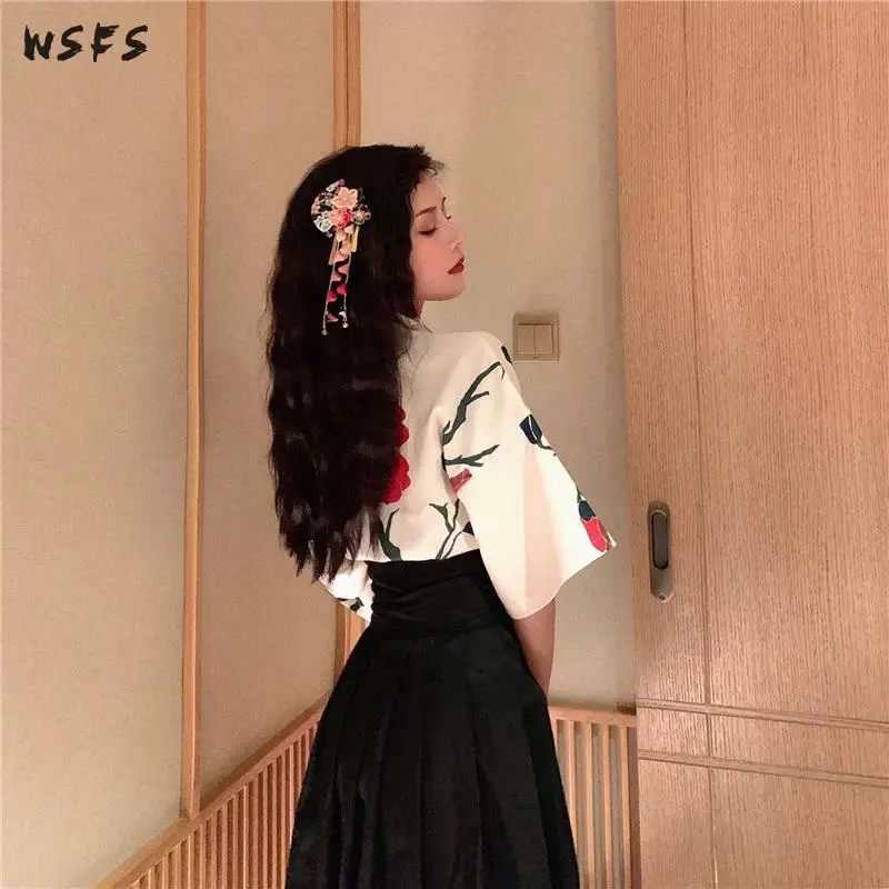 

2piece Summer Girls Japanese Style Dresses Vneck Flare Sleeve Dress Tops Black Bandage Sexy Party Bow Midi Aline Skirt Sundress