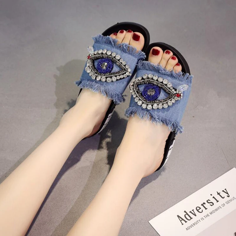 Denim Women Casual Summer Flat Beach Slippers Female Crystal  Slides Shoes Women Sandals Fashion Ladies Flip Flops Footwear b195