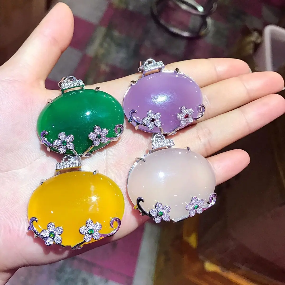 Pure Natural Ice Green Chalcedony 925 Sterling Silver Inlay Flowers Agate Pendant Necklace Sweater Chain Jewelry Gift Wholesale | Украшения