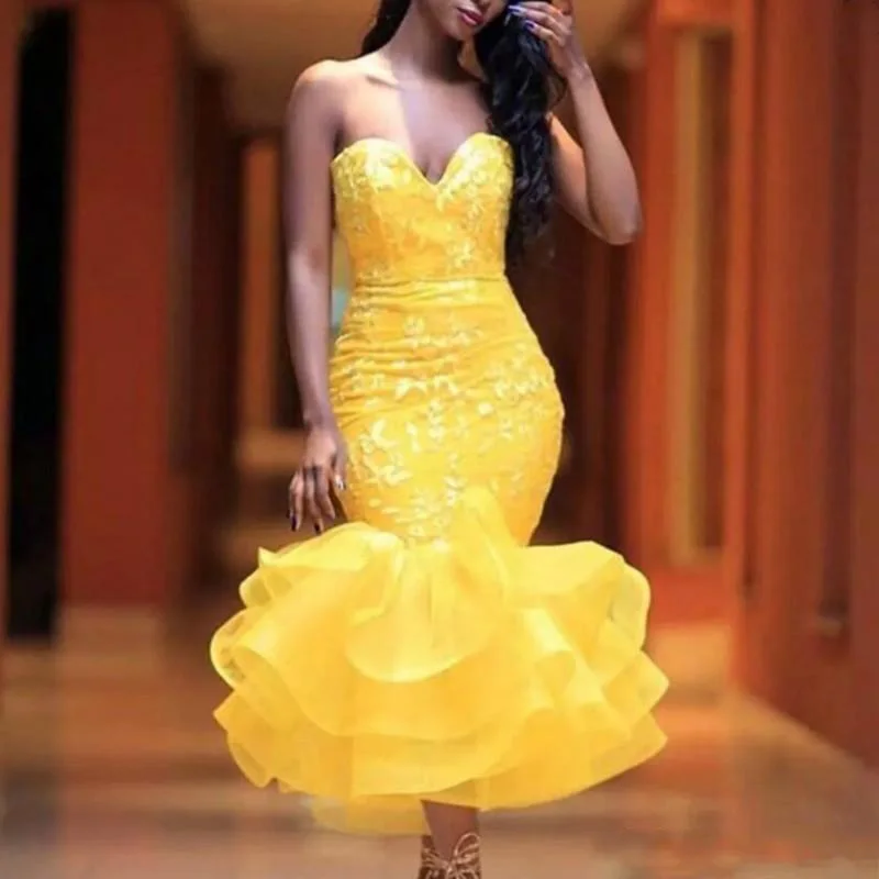 

Custom Made Yellow Party Dress Off Shoulder Organza Prom Gowns Ankle Length Backless robe de soiree Appliques Forma Dresses
