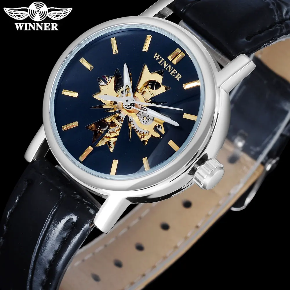 Часы скелетоны женские прозрачные серебристые с автоподзаводом|leather band watches