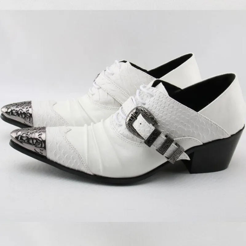 Mens pointed toe dress shoes black white color crocodile skin men leather iron formal wedding spiked loafers | Обувь