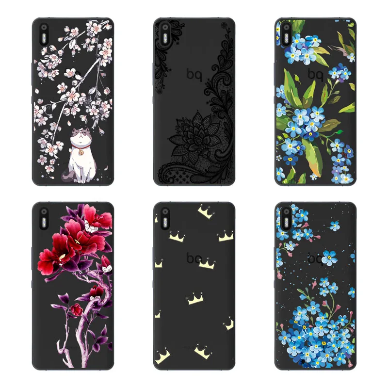 for BQ Aquaris X5 Case Silicon Black Painting flower Soft TPU Back Cover protect Phone cases shell |