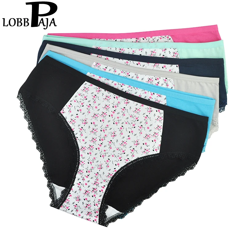 

LOBBPAJA Lot 6 pcs Woman Underwear Plus Size Cotton Mid-Waisted Sexy Floral Lace Bikini Panties Briefs Ladies Lingerie for Women