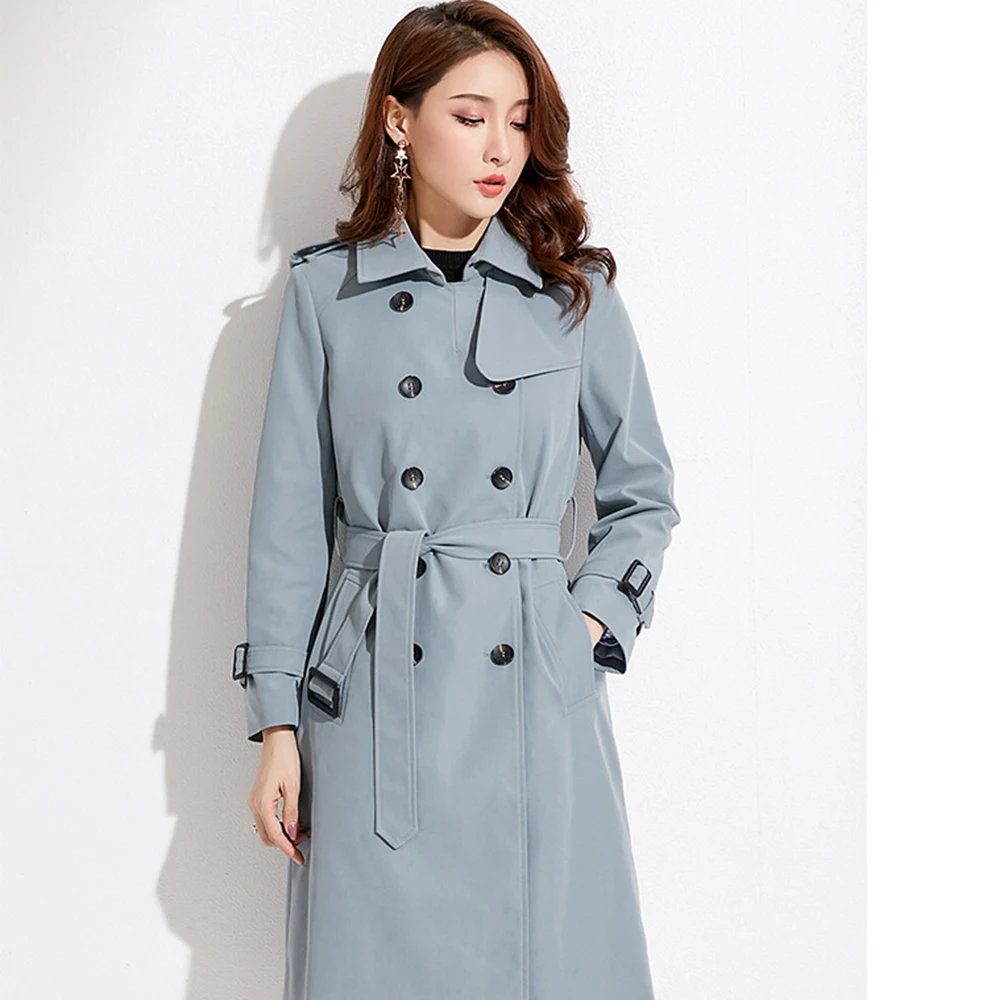 New brand women's clothes British temperament pure color long sleeve suit collar double-breasted windbreaker jacket | Женская одежда