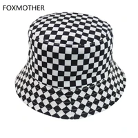 foxmother new black white plaid check bucket hats fishing caps women mens